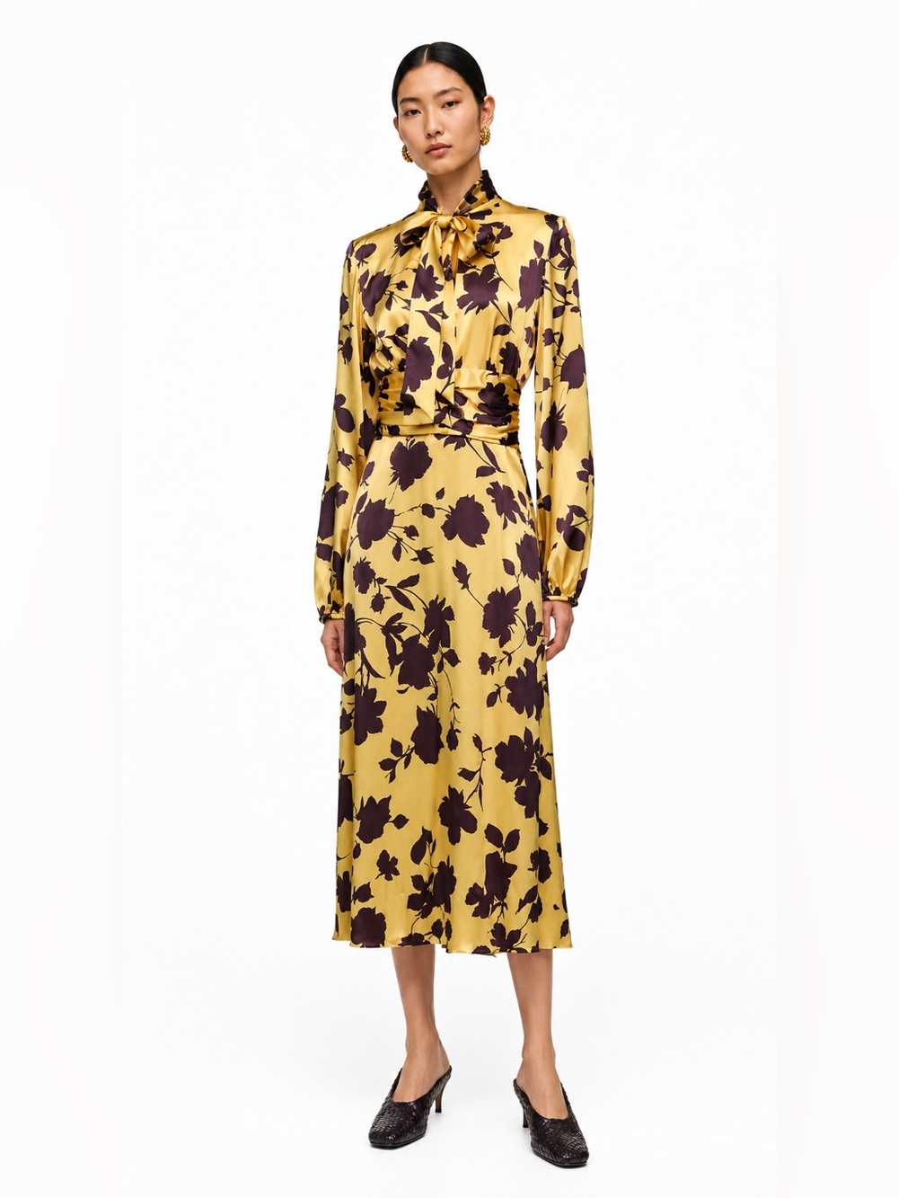 P.A.R.O.S.H. Silk Yellow Floral Tie-Neck Midi Dress